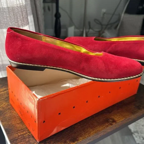Anne Klein Suede Flats Red Gold Trim Size 9 Genuine Leather Made in Italy - Picture 7 of 9
